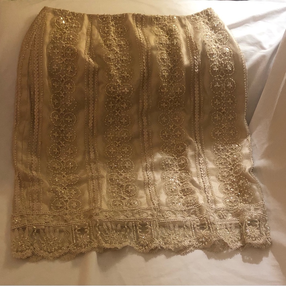 Jovani Beaded Lace Mini Skirt; Cream Color; Pre-Owned;